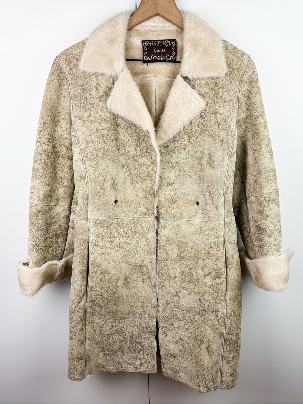 Guess Vintage Penny Lane Genuine Leather Faux Fur Lined Jacket Coat Beige Small